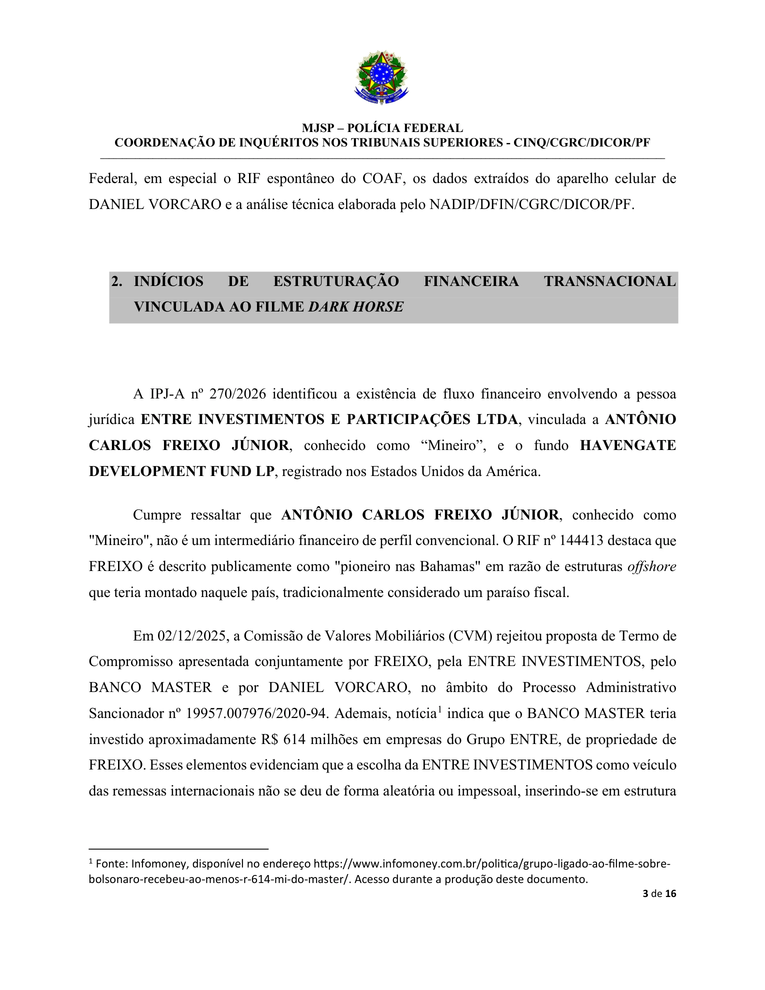 Página da representação da Polícia Federal que identifica a Entre Investimentos e menciona o processo administrativo da CVM.