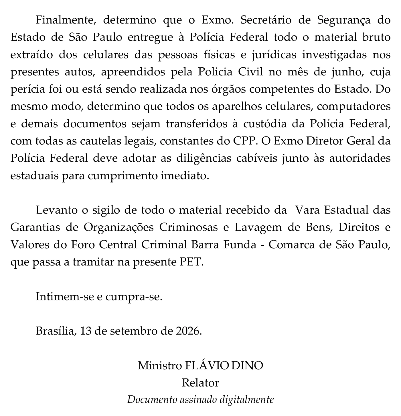 Trecho da decisão de Flávio Dino, de 13 de setembro de 2026, na PET 16.669, página 20. Reprodução do documento judicial.