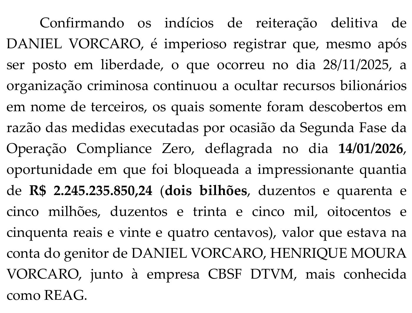 Trecho da página 25 da decisão de 3 de março de 2026, que cita o bloqueio realizado em 14 de janeiro. Reprodução parcial do documento judicial.